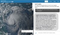 Microsoft screenshot showing satellite image of Hurricane Harvey with prompts from Earth Copilot